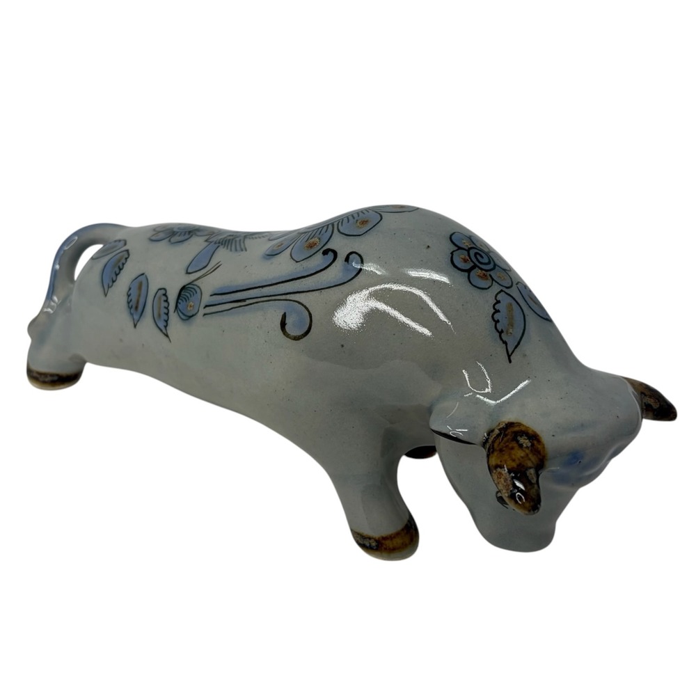 Ken Edwards El Palomar Mexico Pottery Bull Figurine Blue Floral Tonala 8"